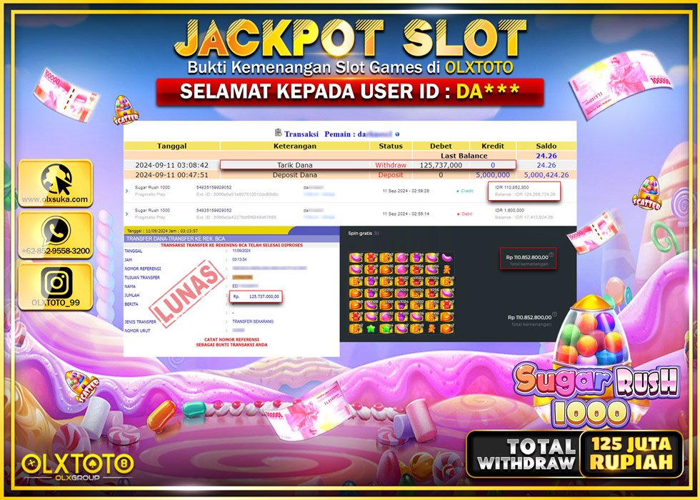 OLXTOTO JACKPOT  SLOT SUGAR RUSH 1000 Rp.125.737.000.,- LUNAS