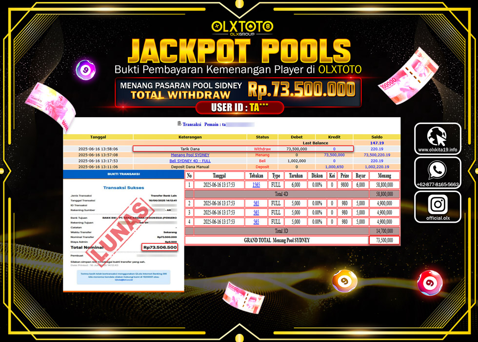 BONDAN69 JACKPOT  TOGEL POOL SIDNEY Rp.73.500.000.,- LUNAS