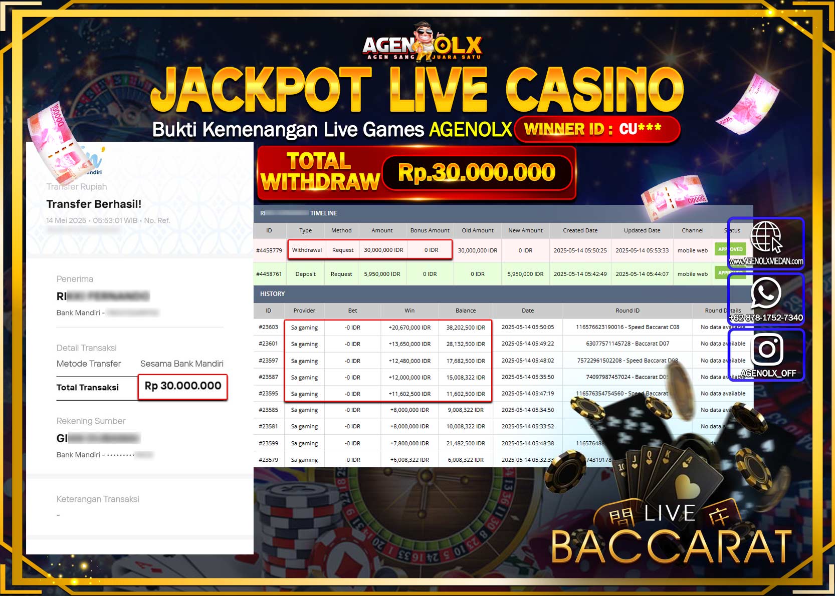 AGENOLX JACKPOT LIVE CASINO SPEED BACCARAT   Rp 30.000.000,- LUNAS