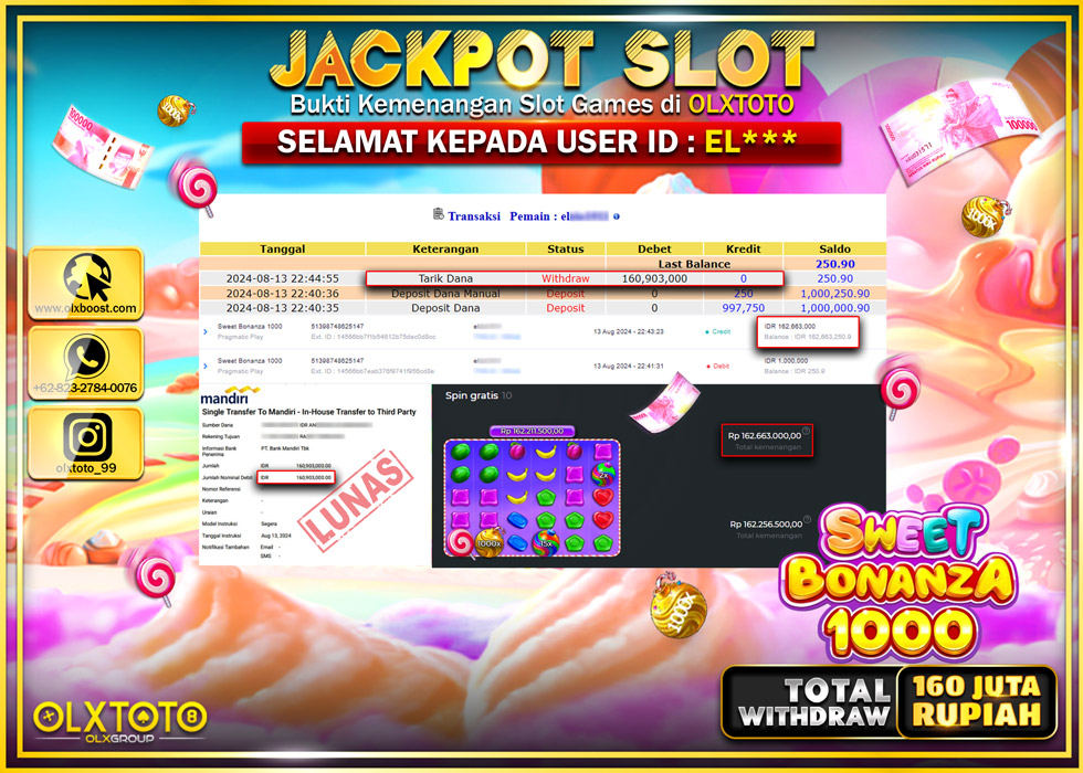OLXTOTO JACKPOT  SLOT SWEET BONANZA 1000 Rp.160.903.000.,- LUNAS
