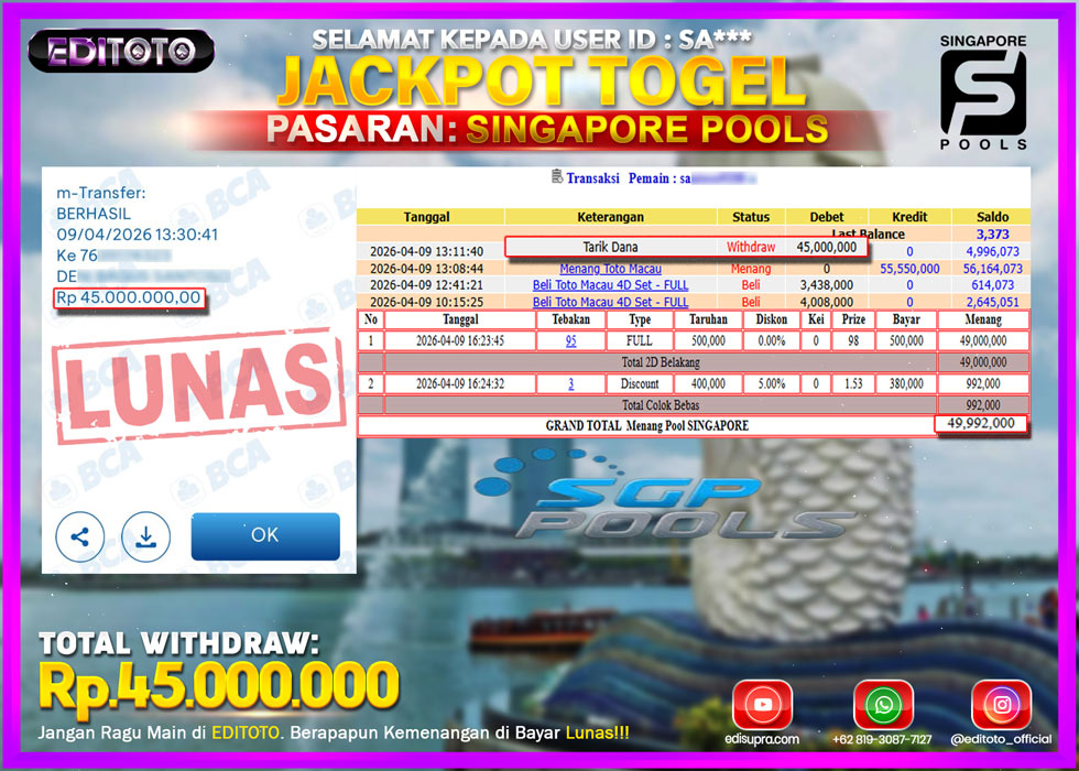 JACKPOT EDITOTO TOGEL PASARAN SINGAPORE POOLS Rp.45.000.000.,- LUNAS
