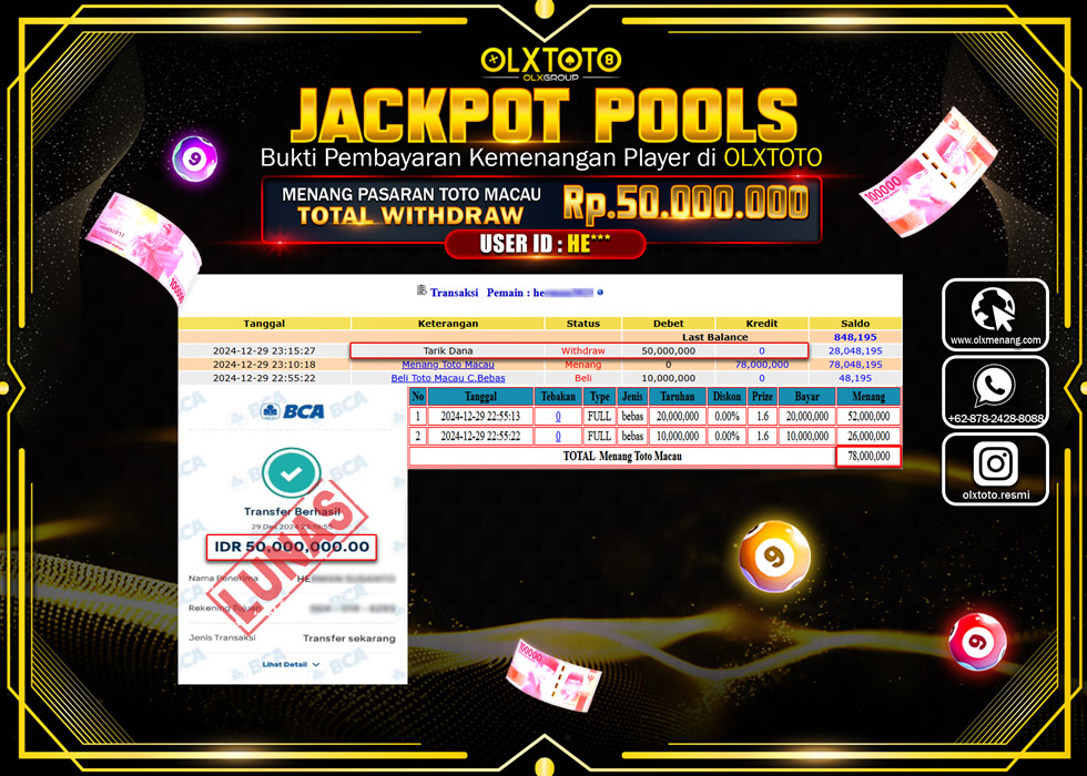 OLXTOTO JACKPOT  TOGEL POOL TOTO MACAU Rp.50.000.000.,- LUNAS