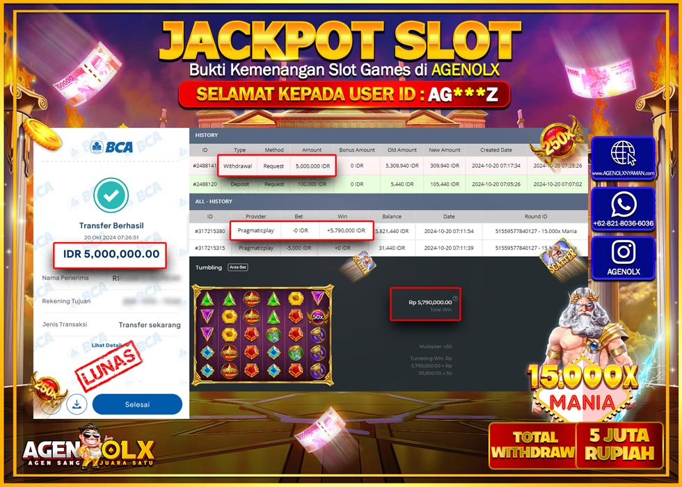 AGENOLX JACKPOT  SLOT 15.000X MANIA Rp 5.000.000,- LUNAS