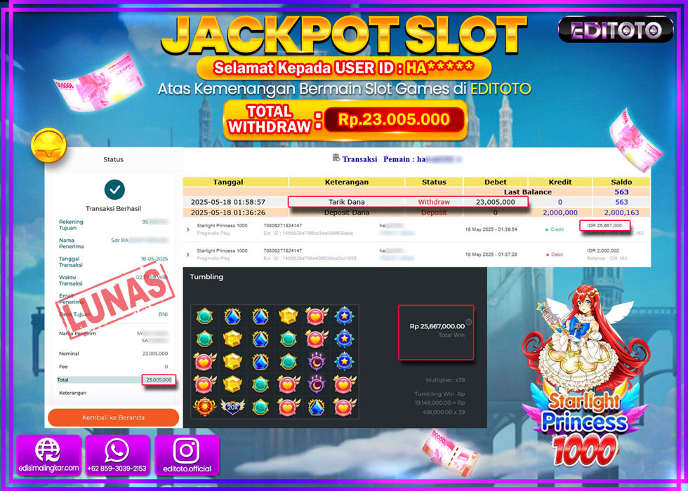 JACKPOT EDITOTO SLOT STARLIGHT PRINCESS 1000 Rp.23.005.000,- LUNAS