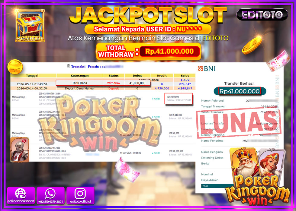 JACKPOT EDITOTO SLOT POKER KINGDOM WIN  Rp.41.000.000,- LUNAS