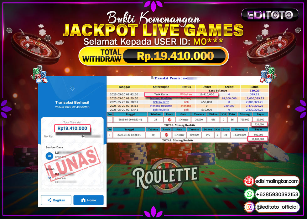 JACKPOT EDITOTO LIVE GAMES ROULETTE  Rp.19.410.000.,- LUNAS