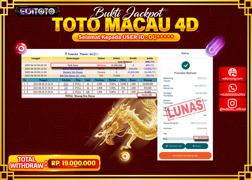 JACKPOT EDITOTO TOGEL PASARAN TOTO MACAU 4D Rp.19.000.000.,- LUNAS