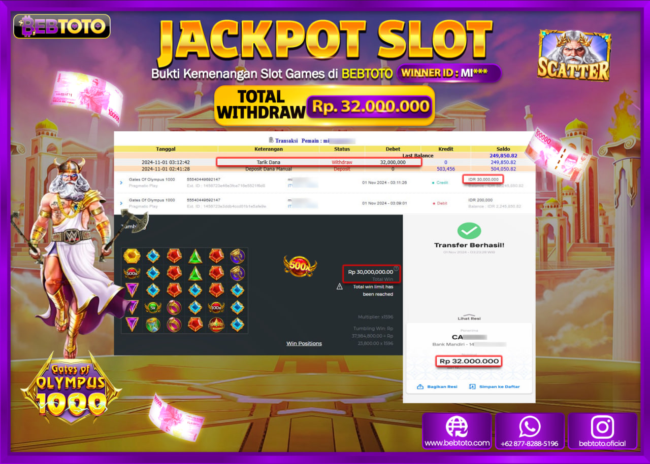 JACKPOT SLOT BEBTOTO GATES OF OLYMPUS 1000 Rp.32.000.000.,- LUNAS