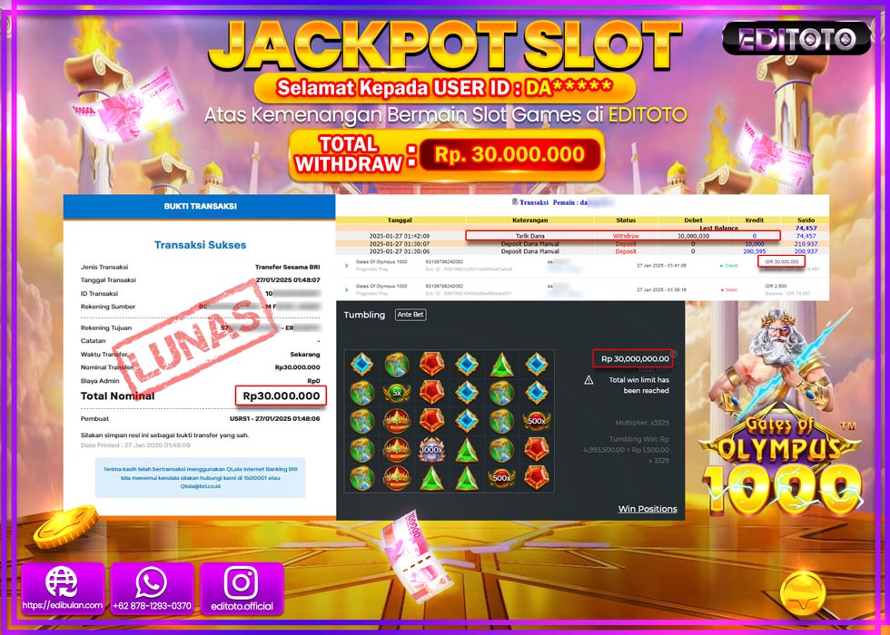 JACKPOT SLOT GATES OF OLYMPUS 1000  Rp.30.000.000.,- LUNAS