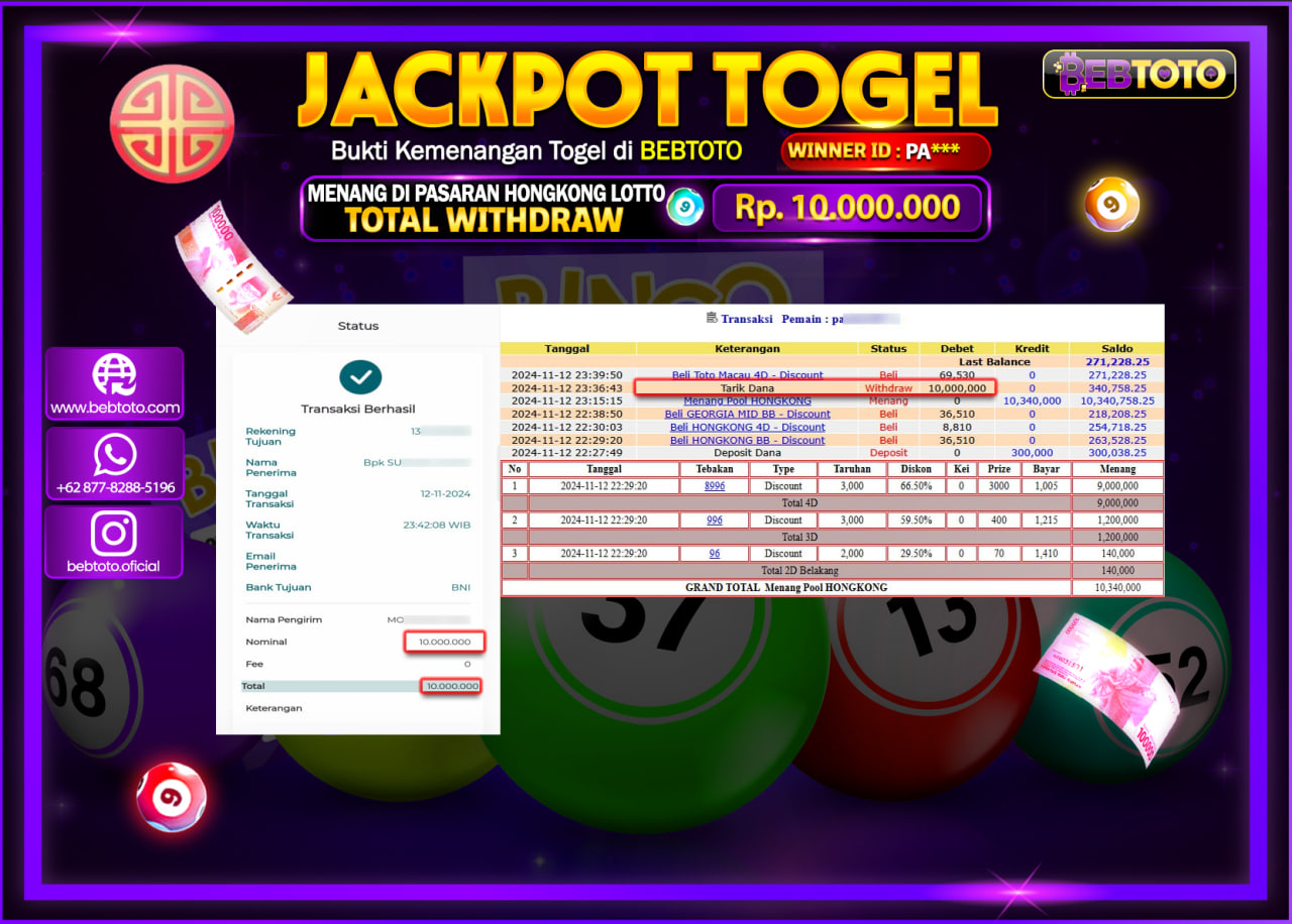 JACKPOT TOGEL BEBTOTO HONGKONG LOTTO Rp.10.000.000.,- LUNAS