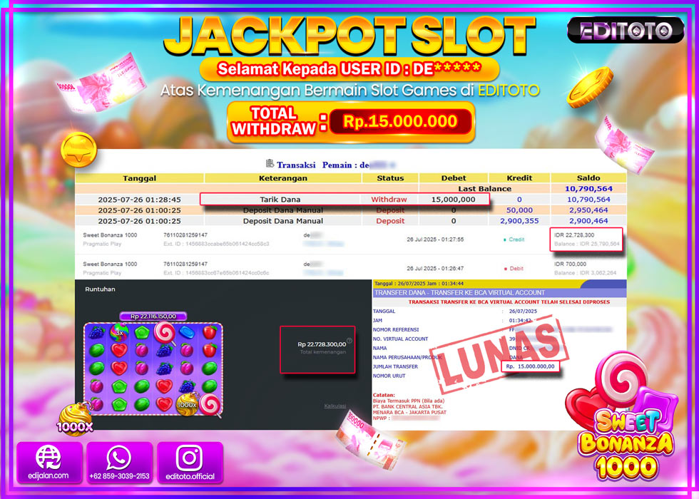 JACKPOT EDITOTO SLOT SWEET BONANZA 1000 Rp.15.000.000,- LUNAS 