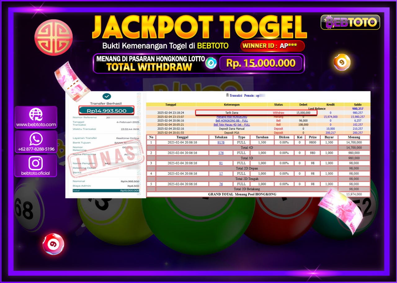 JACKPOT TOGEL BEBTOTO HONGKONG LOTTO   Rp.15.000.000.,- LUNAS