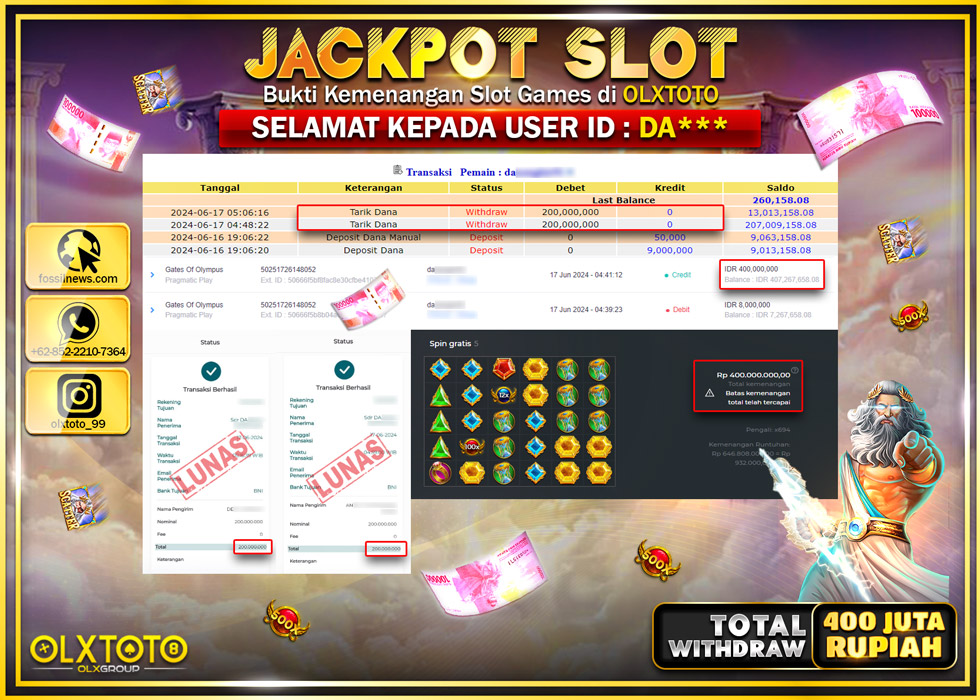 OLXTOTO JACKPOT SLOT GATES OF OLYMPUS  Rp.400.000.000.,- LUNAS