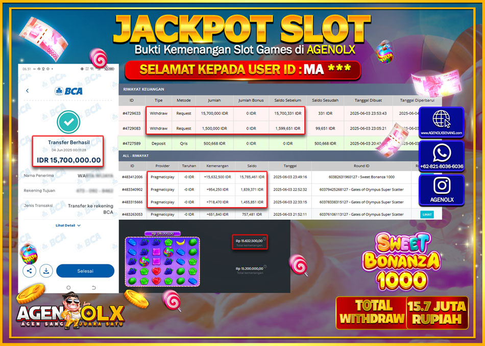 AGENOLX JACKPOT SLOT SWEET BONANZA 1000  Rp 15.700.000,- LUNAS