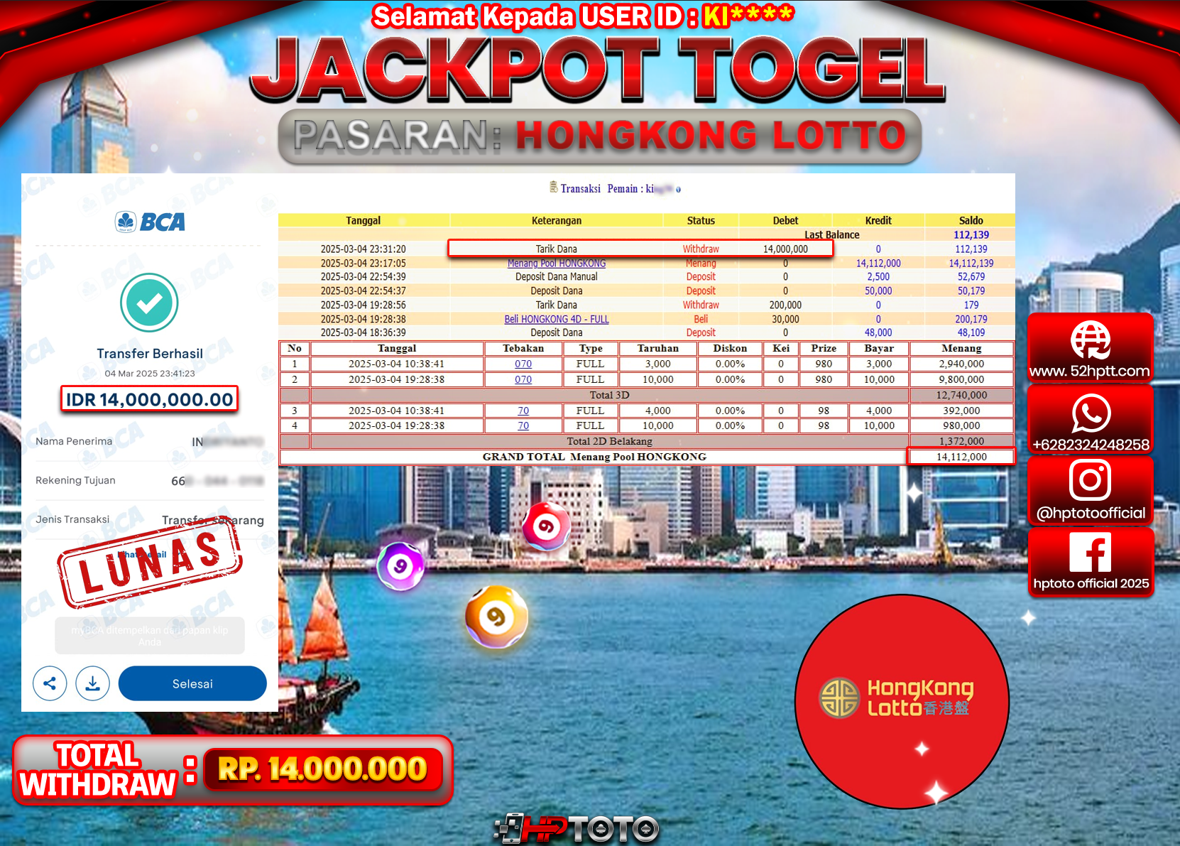 HPTOTO JACKPOT TOGEL PASARAN HONGKONG LOTTO Rp.14.000.000,- LUNAS