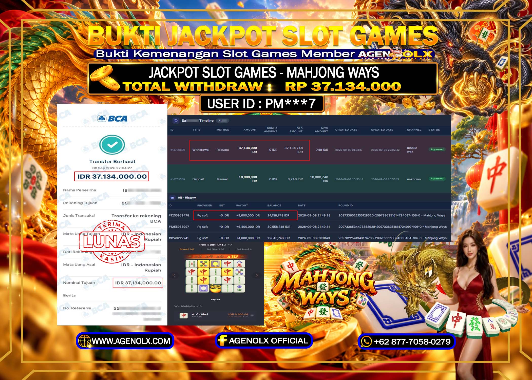 AGENOLX JACKPOT SLOT - MAHJONG WAYS  Rp 37,134 ,000 -LUNAS