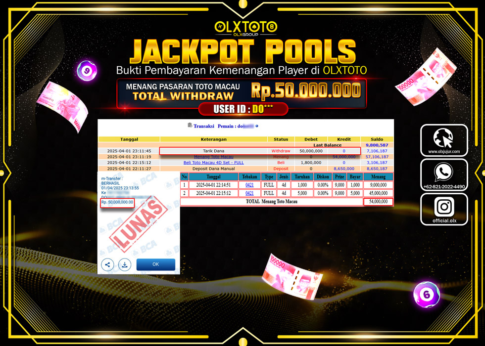 OLXTOTO JACKPOT TOGEL PASARAN POOL TOTO MACAU Rp.50.000.000.,- LUNAS