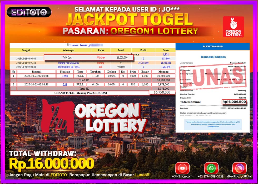 JACKPOT EDITOTO TOGEL PASARAN OREGON1 LOTTERY Rp.16.000.000.,- LUNAS 