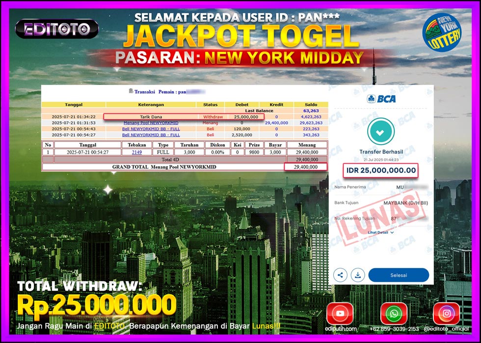 JACKPOT EDITOTO TOGEL PASARAN NEWYORK MIDDAY LOTTERY Rp.25.000.000.,- LUNAS