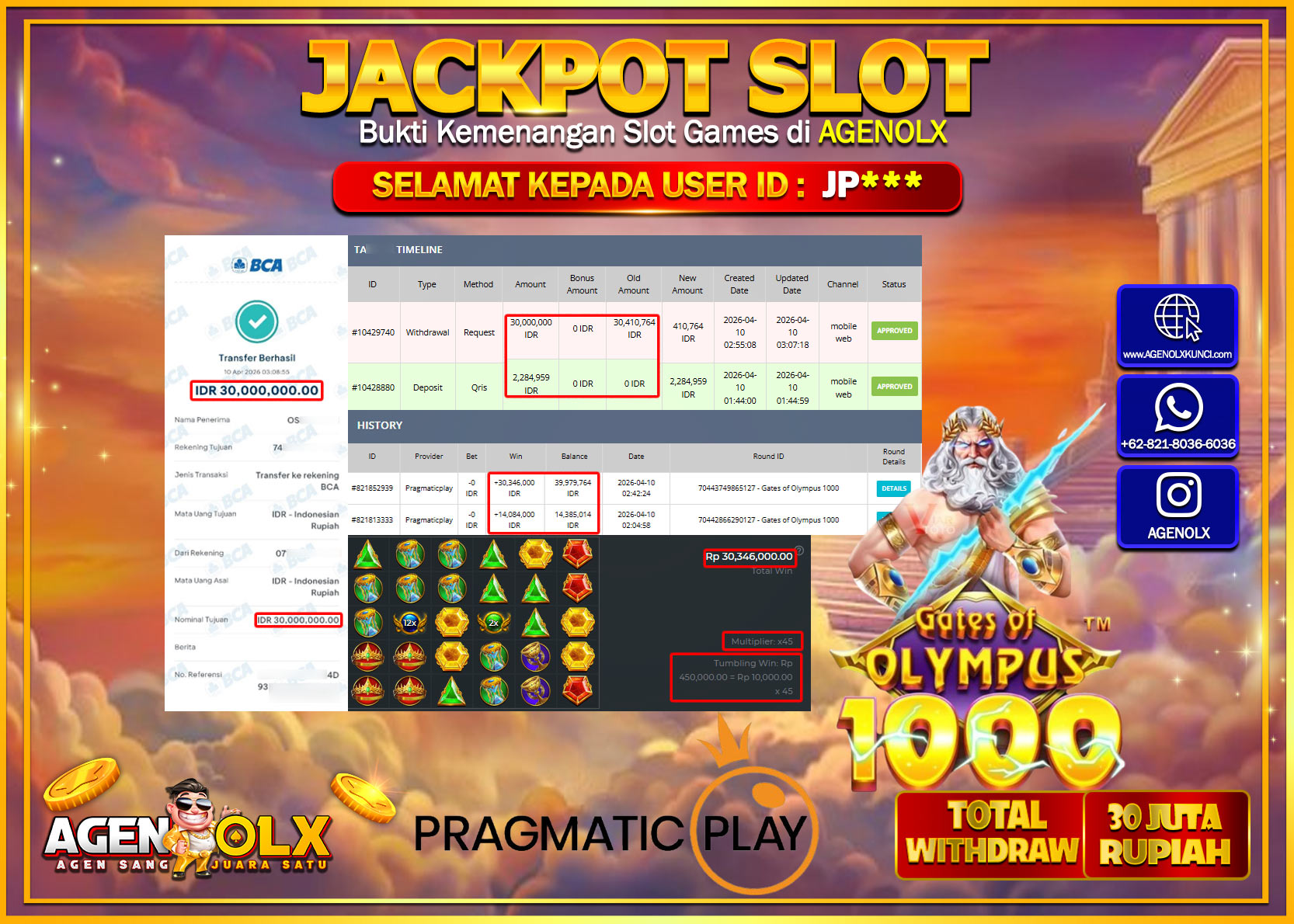 AGENOLX JACKPOT SLOT GATES OF OLYMPUS 1000 Rp 30.000.000 - LUNAS