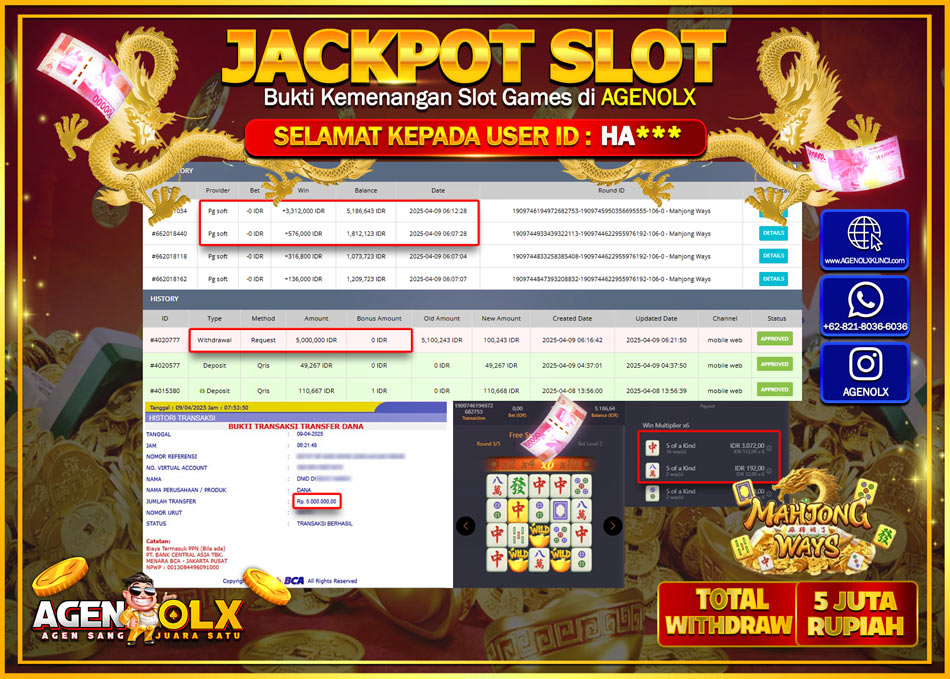 AGENOLX JACKPOT SLOT MAHJONG WAYS  Rp 5.000.000,- LUNAS