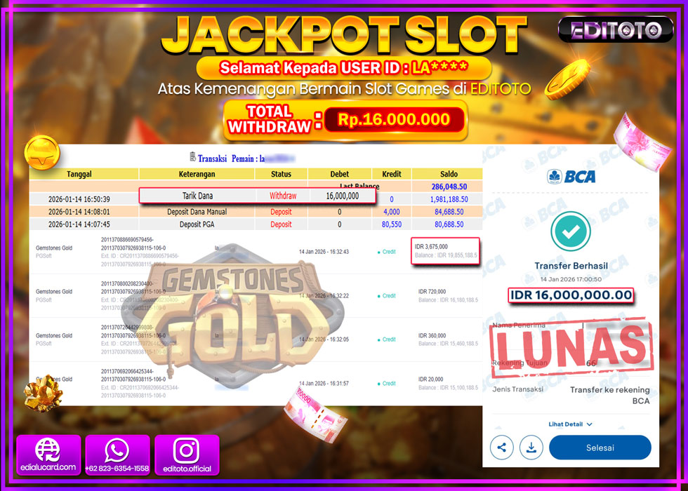 JACKPOT EDITOTO SLOT GEMSTONE GOLD Rp.16.000.000,- LUNAS