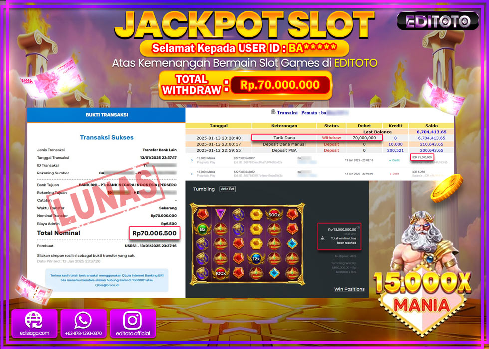 JACKPOT SLOT 15.000 X MANIA  Rp.70.000.000.,- LUNAS