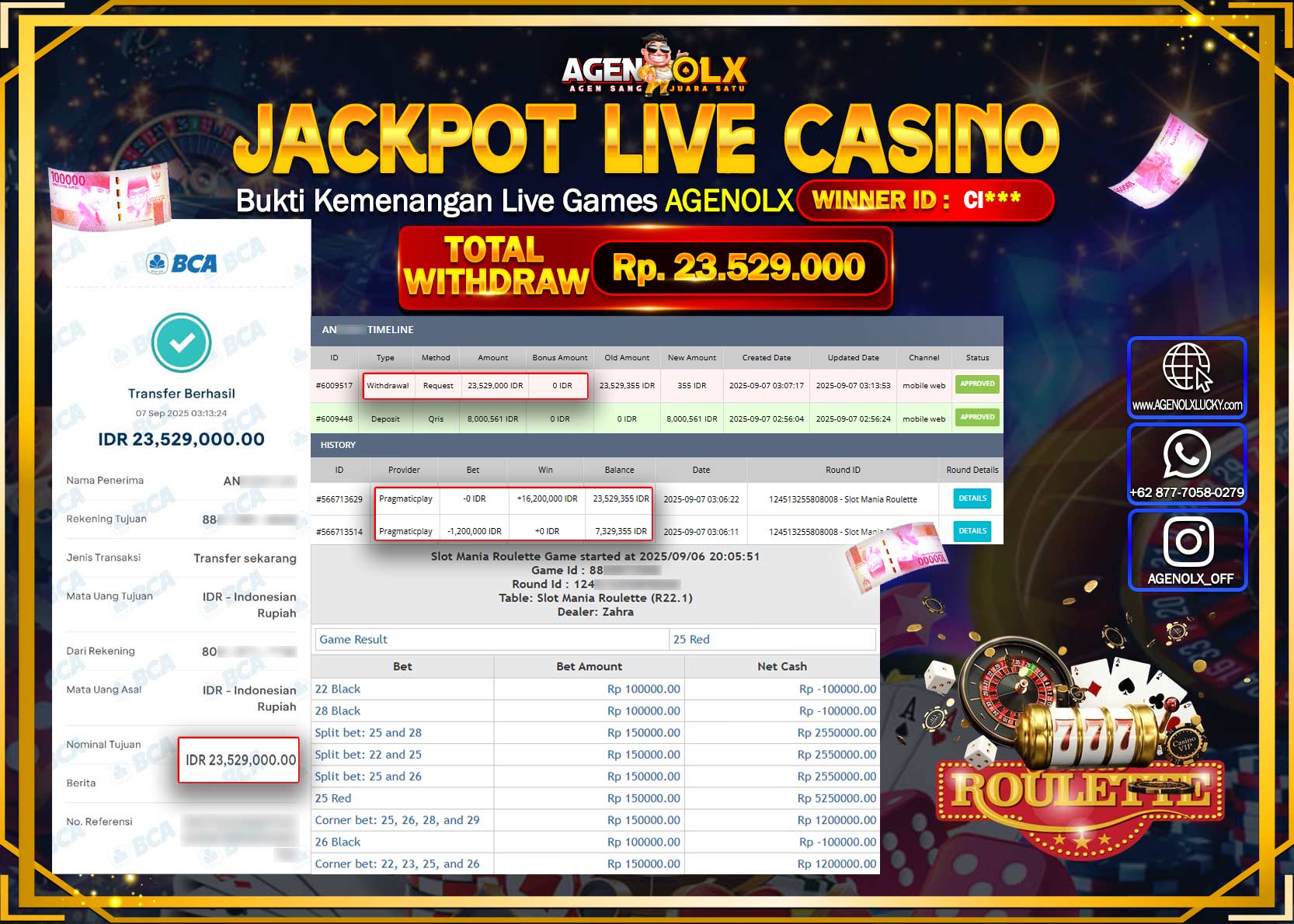 AGENOLX JACKPOT SLOT MANIA ROULETTE Rp 23,529,000,- LUNAS