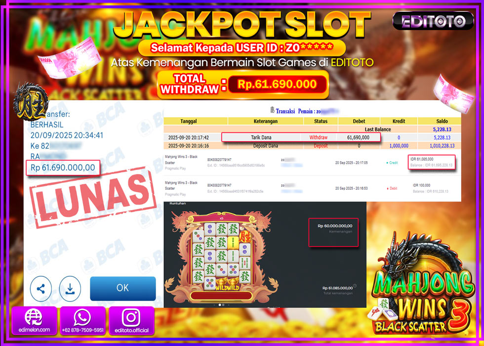 JACKPOT EDITOTO SLOT MAHJONG WINS 3 - BLACK SCATTER Rp.61.690.000,- LUNAS 