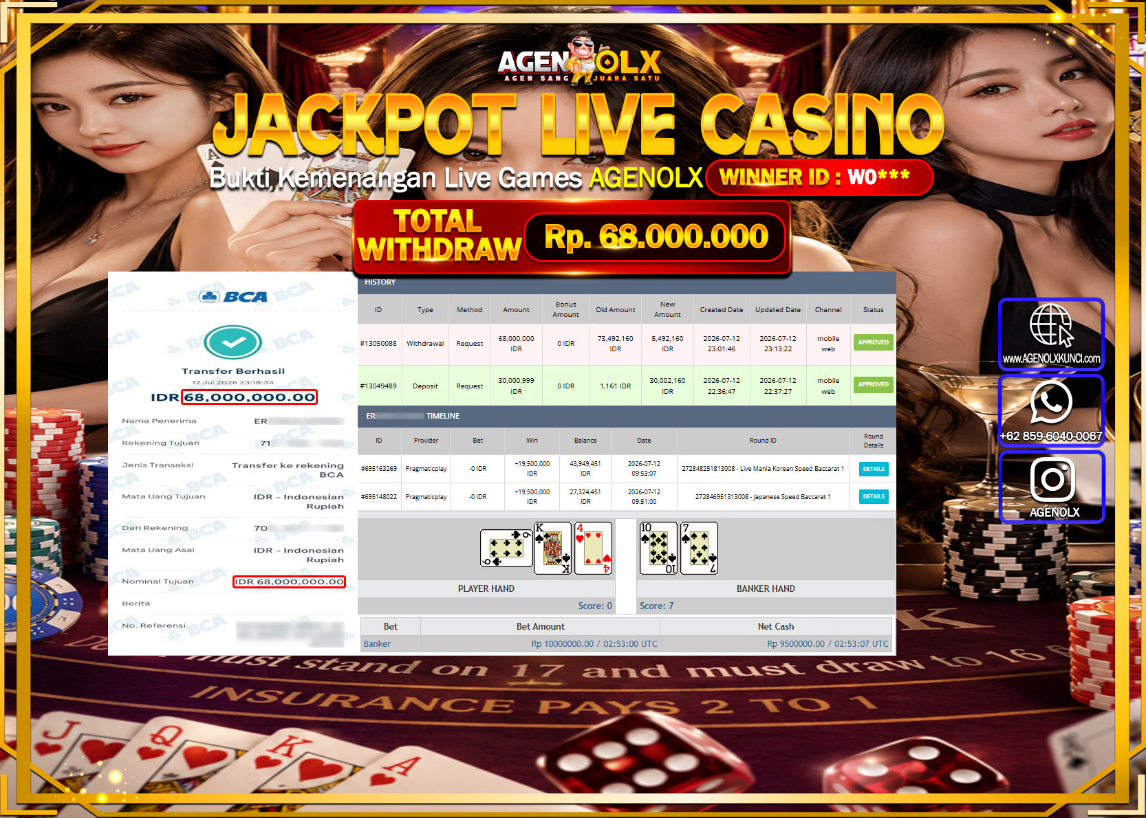 AGENOLX JACKPOT LIVE CASINO LIVE MANIA KOREA SPEED BACCARAT 1  Rp  68.000.000-LUNAS