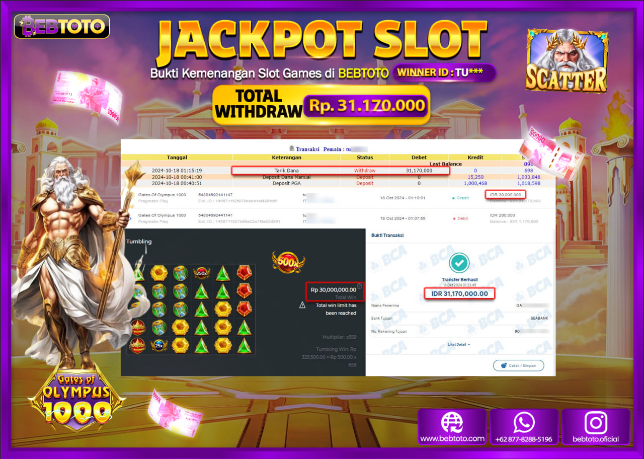 JACKPOT SLOT BEBTOTO GATES OF OLYMPUS 1000 Rp.31.170.000.,- LUNAS