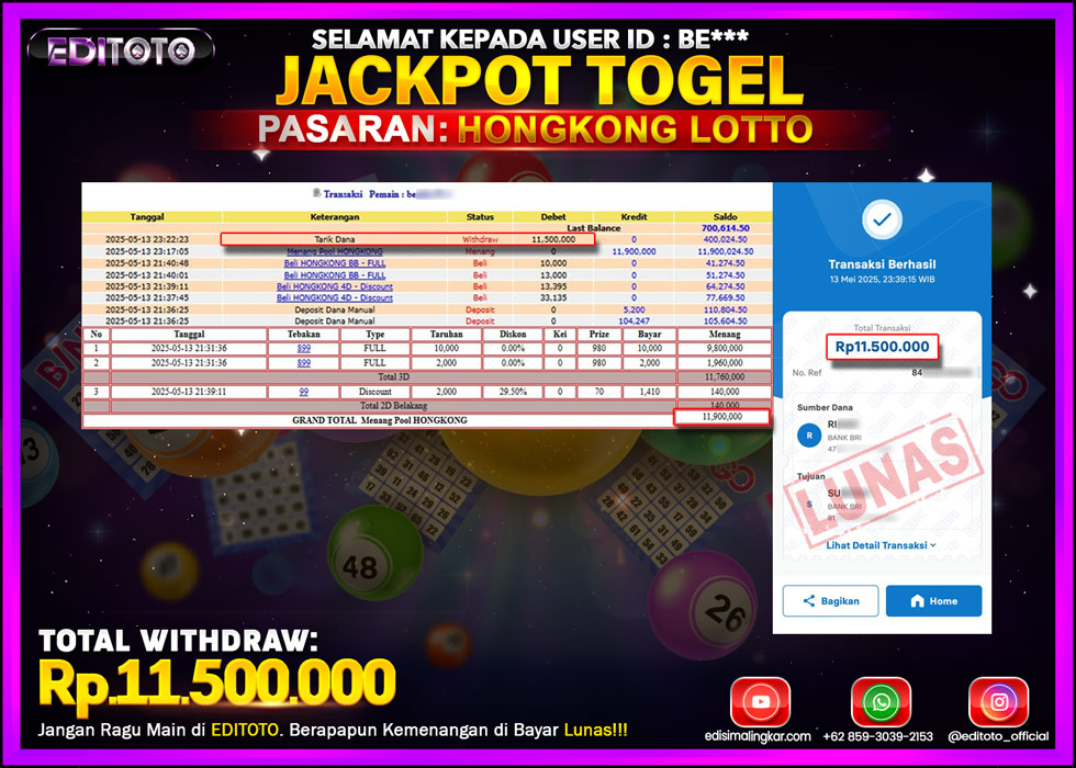 JACKPOT EDITOTO TOGEL HONGKONG LOTTO Rp.11.500.000,- LUNAS