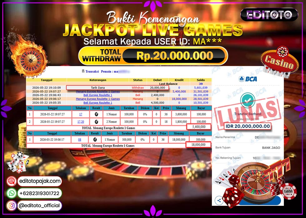 JACKPOT EDITOTO LIVE GAMES EUROPE ROULETTE 1   Rp.20.000.000.,- LUNAS