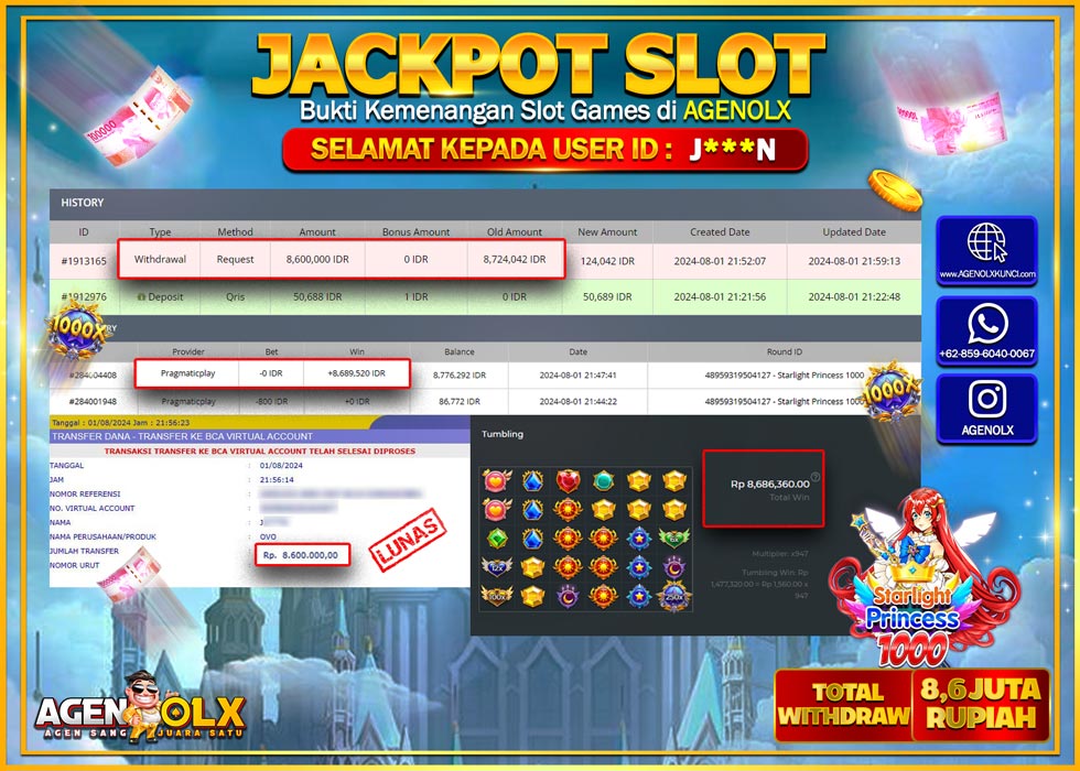 AGENOLX JACKPOT SLOT STARLIGHT PRINCES 1000 Rp.8.600.000,- LUNAS