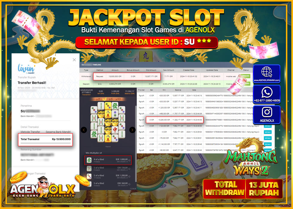AGENOLX JACKPOT  SLOT MAHJONG WAYS 2 Rp 13.000.000,- LUNAS