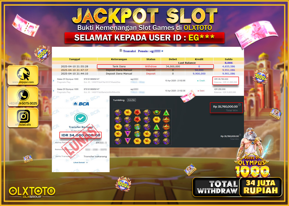 BINTANGSLOT77 JACKPOT SLOT GATES OF OLYMPUS 1000  Rp.34.000.000.,- LUNAS