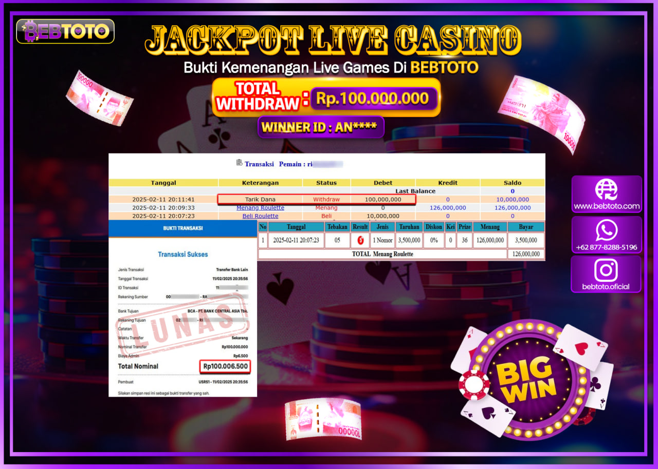 JACKPOT LIVE CASINO BEBTOTO ROULETTE Rp.100.000.000.,- LUNAS