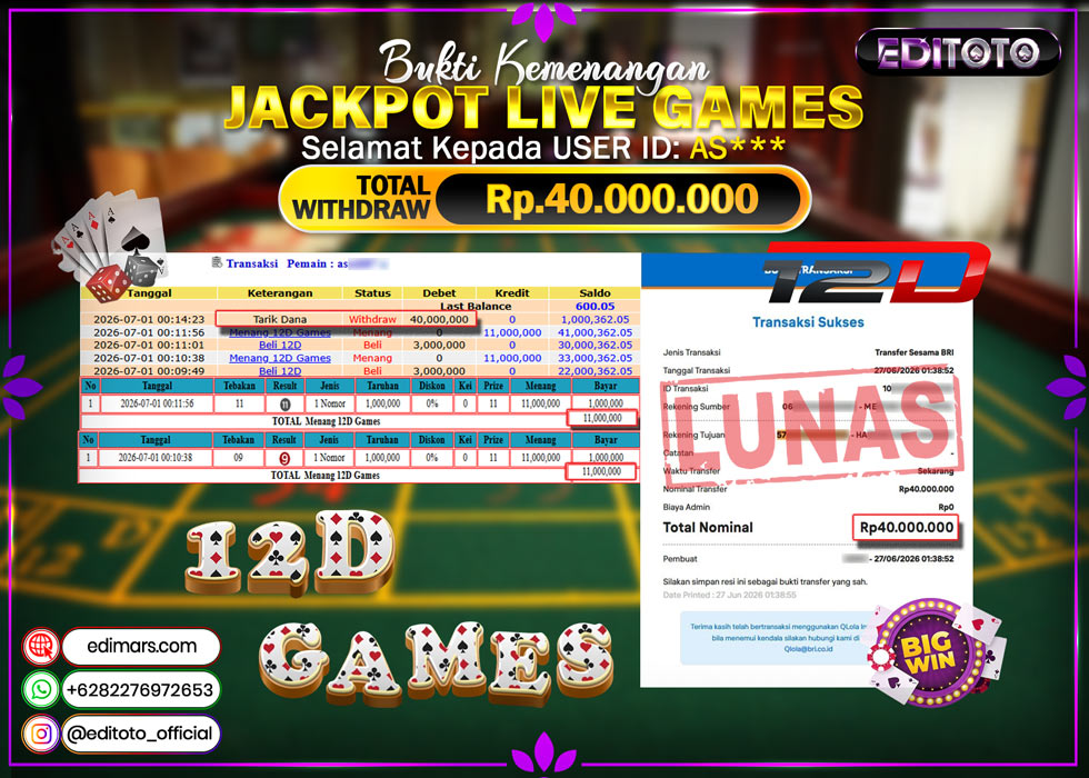 JACKPOT EDITOTO LIVE GAMES 12D GAMES  Rp. 40.000.000.,- LUNAS