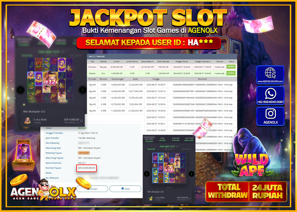 AGENOLX JACKPOT SLOT WILD OF APES Rp.24.000.000,- LUNAS