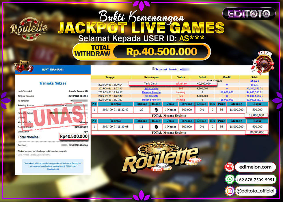 JACKPOT EDITOTO LIVE GAMES ROULETTE Rp. 40.500.000.,- LUNAS