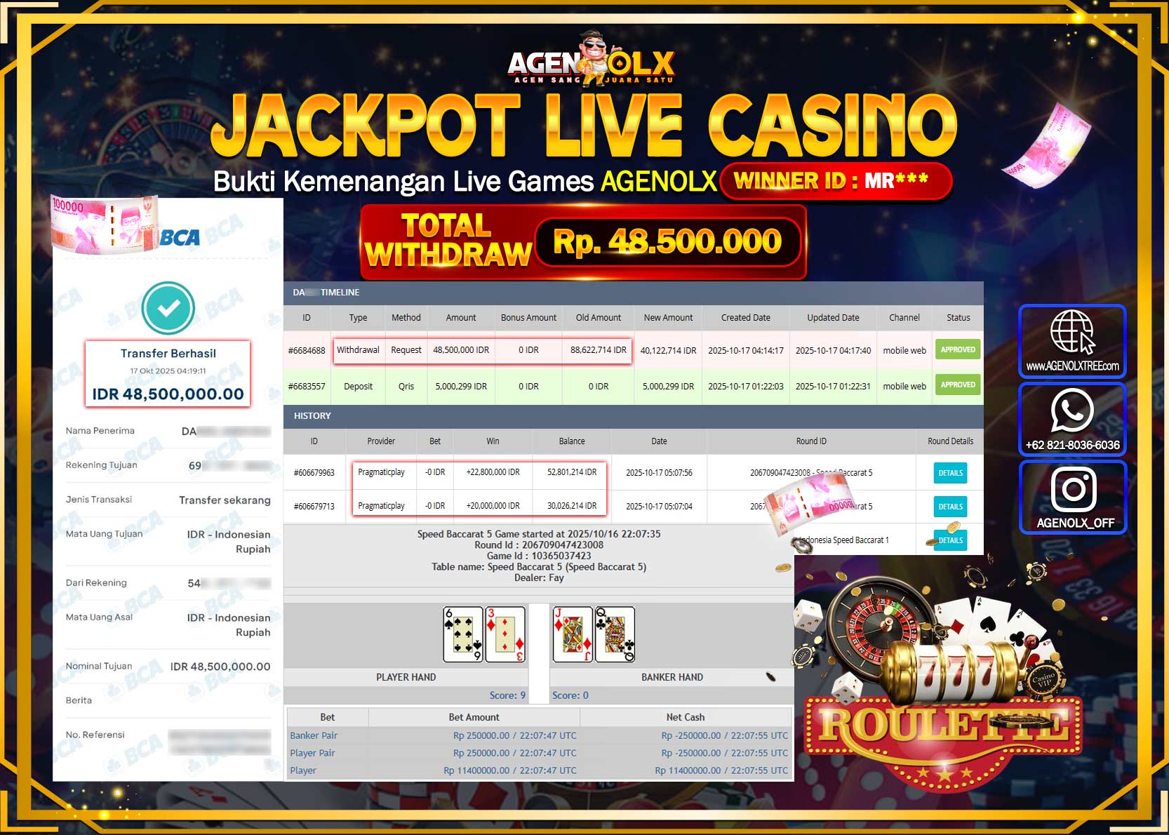 AGENOLX JACKPOT LIVE CASINO Rp 48,500,000,- LUNAS