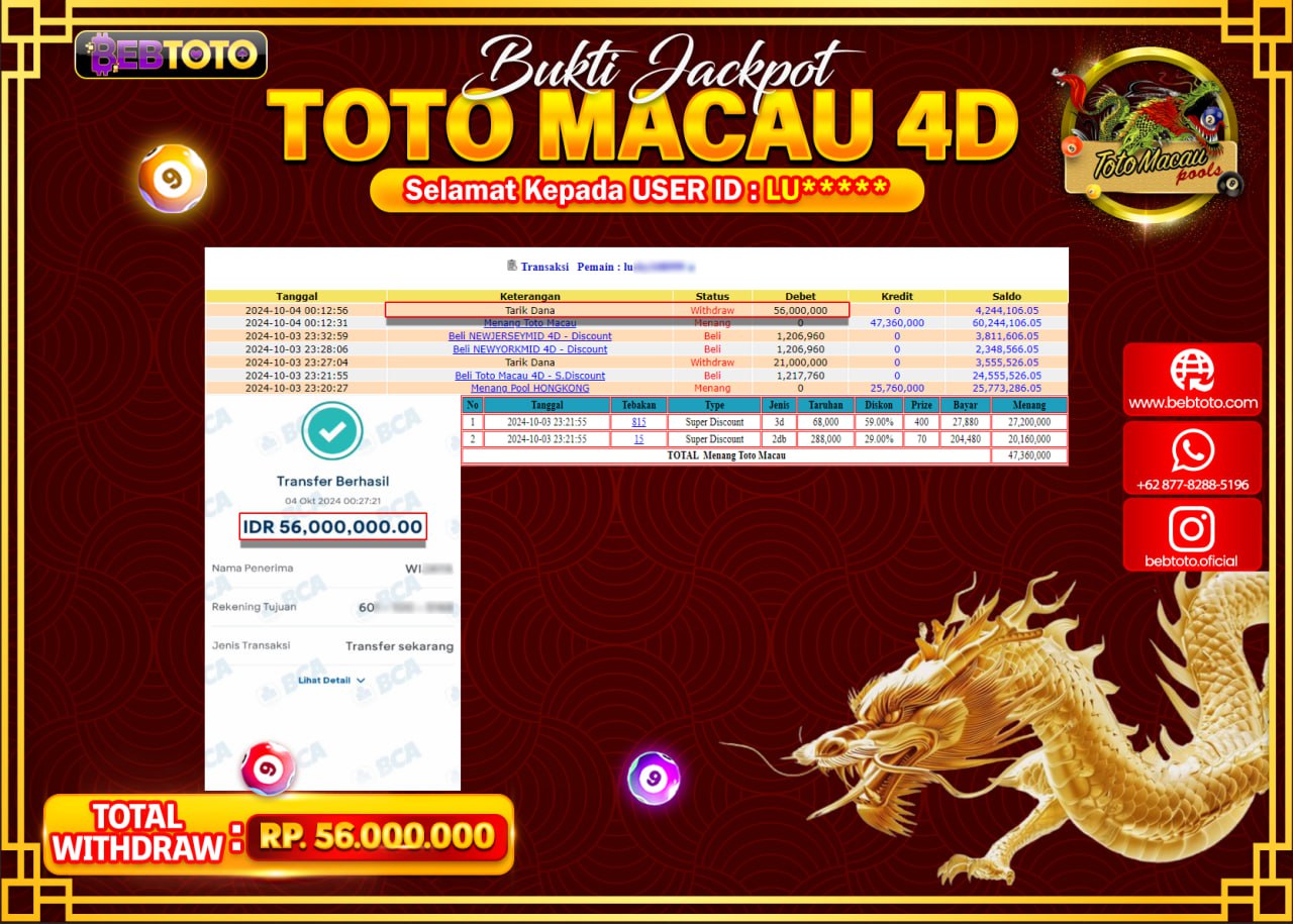 JACKPOT LIVE CASINO BEBTOTO TOTO MACAU Rp.56.000.000.,- LUNAS