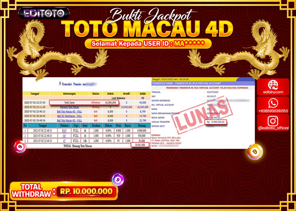 JACKPOT EDITOTO TOGEL PASARAN TOTO MACAU 4D Rp.10.000.000.,- LUNAS