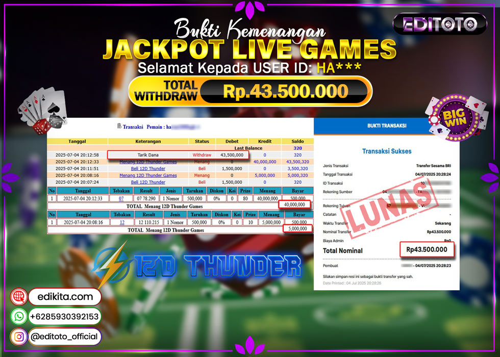 JACKPOT EDITOTO LIVE GAMES 12D THUNDER Rp. 43.500.000.,- LUNAS