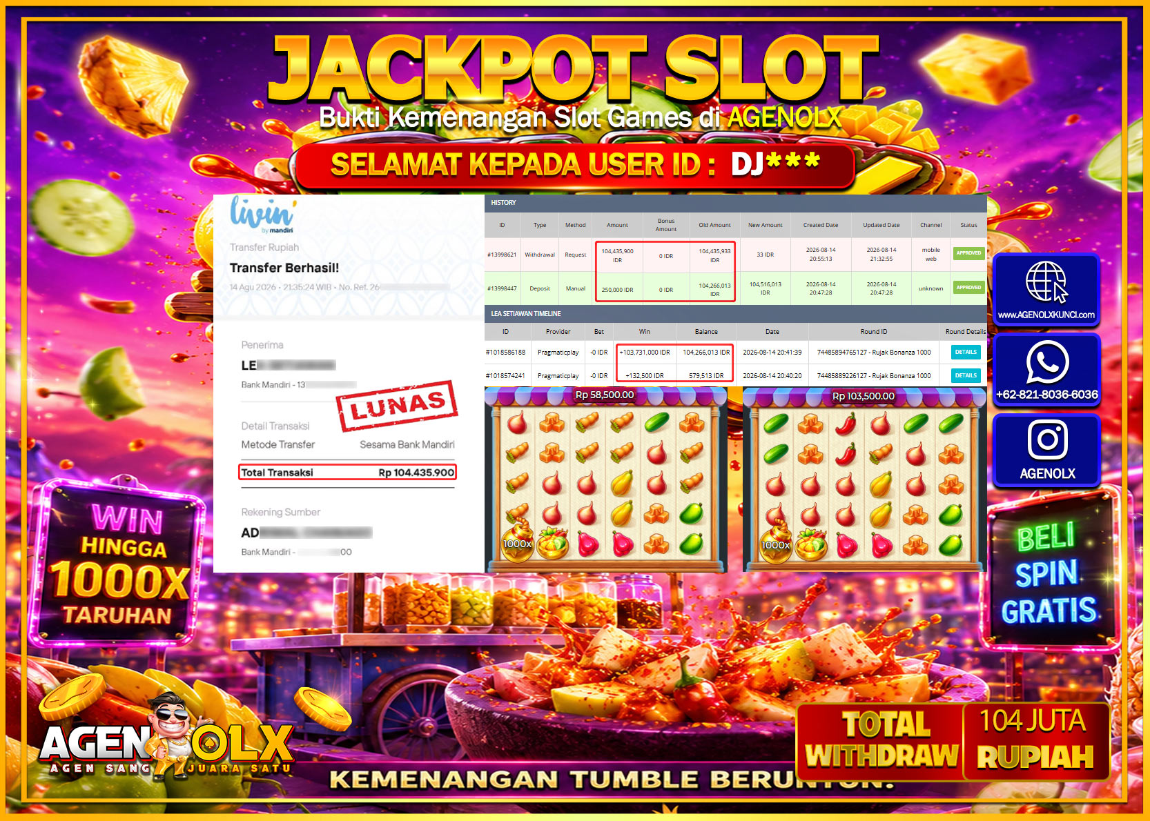 AGENOLX JACKPOT SLOT  RUJAK BONANZA 1000  Rp 104.435.900 -LUNAS