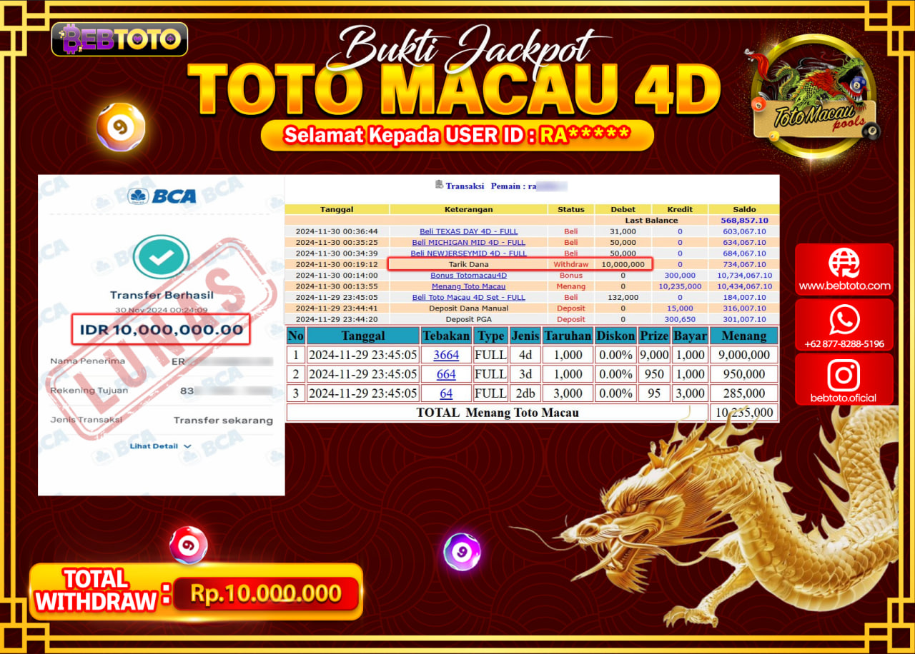 JACKPOT LIVE CASINO BEBTOTO TOTO MACAU 4D Rp.10.000.000.,- LUNAS