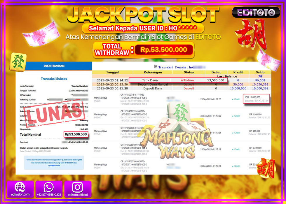 JACKPOT EDITOTO SLOT MAHJONG WAYS Rp.53.500.000,- LUNAS 