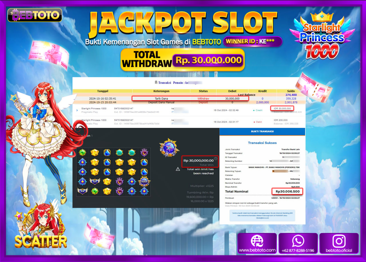 JACKPOT SLOT BEBTOTO STARLIGHT PRINCESS 1000 Rp.30.000.000.,- LUNAS