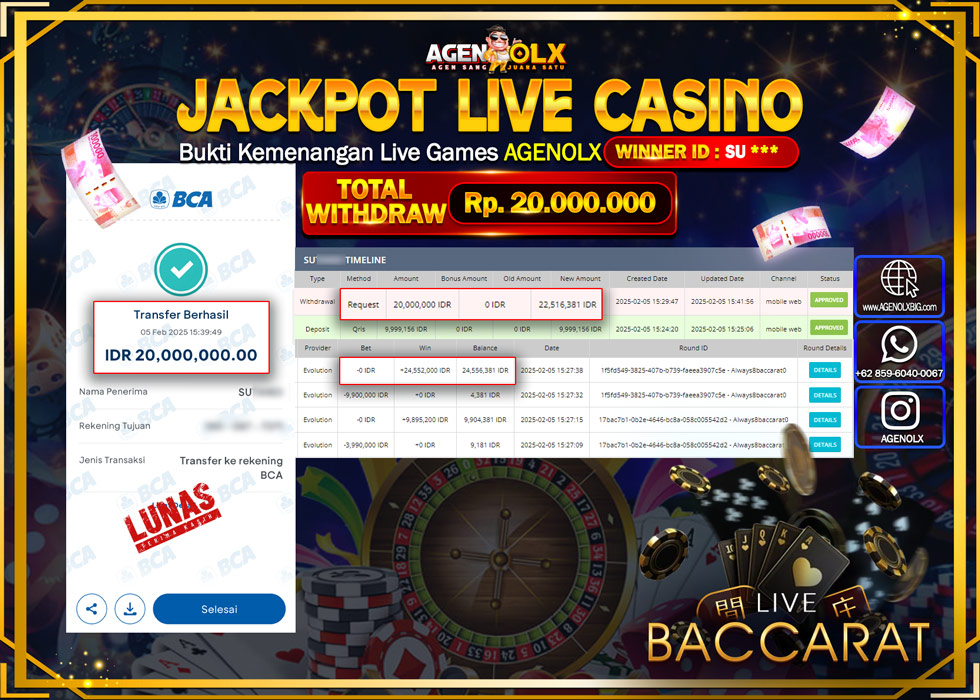 AGENOLX JACKPOT LIVE CASINO BACCARAT Rp 20.000.000,- LUNAS