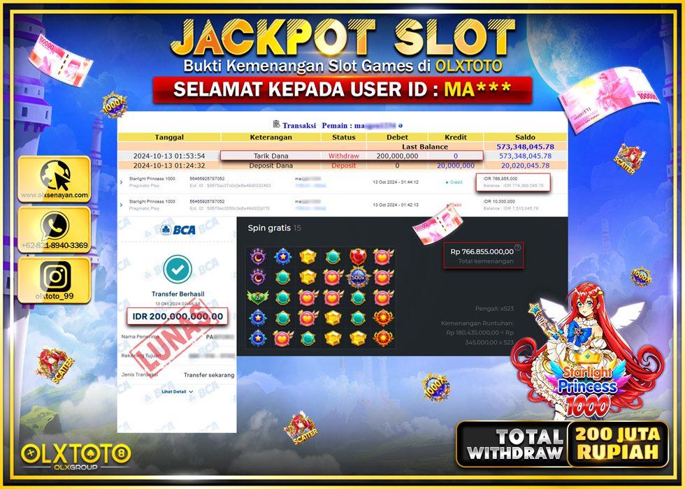 OLXTOTO JACKPOT  SLOT STARLIGHT PRINCESS 1000 Rp.200.000.000.,- LUNAS